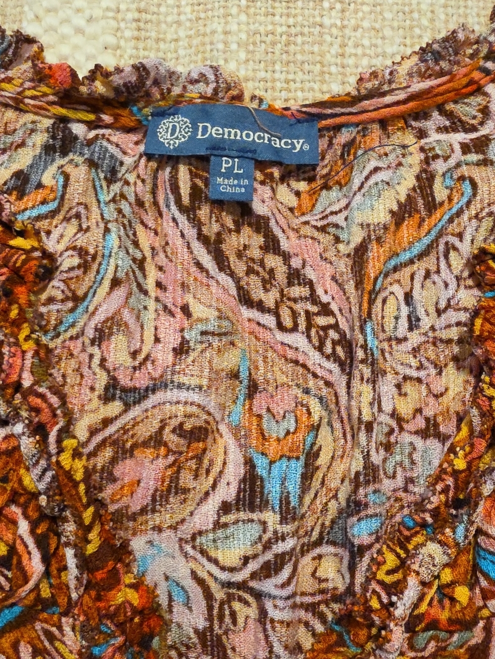 Democracy Multicolor Paisley Ruffle-Trim Blouse - Pink, Brown, Blue, Orange